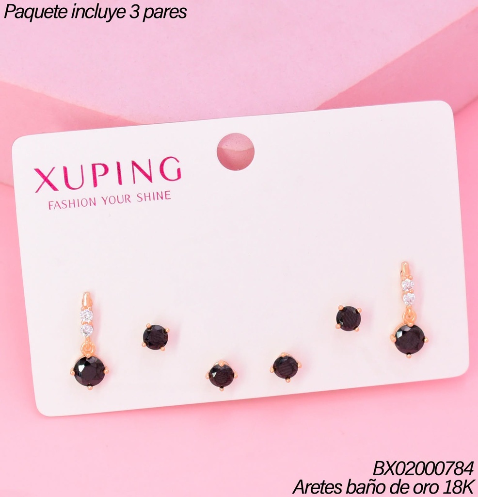 PAQ.3 PARES ARETES BAÑO DE ORO 18K.XUPING 3 ZIRC.NEGRAS/COLGANTE (XAGOST)