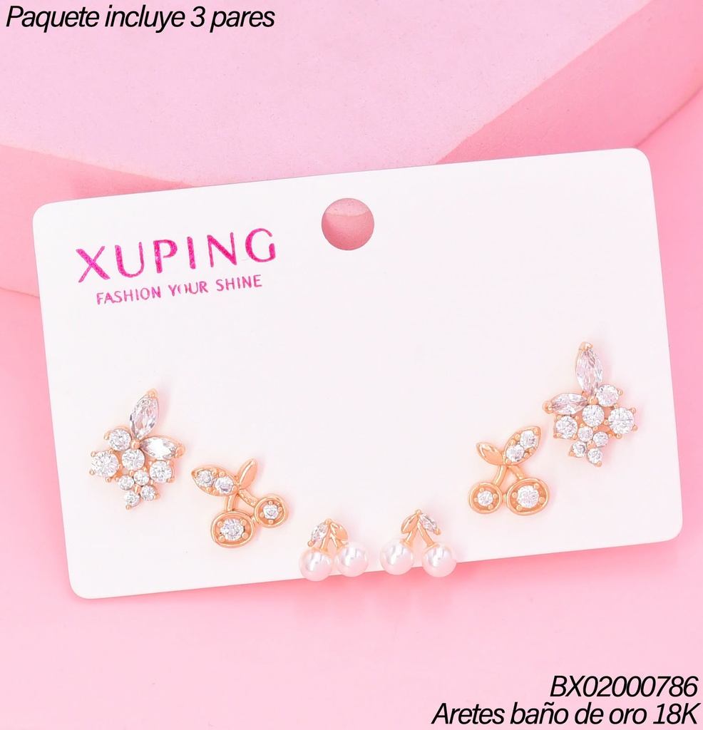 PAQ.3 PARES ARETES BAÑO DE ORO 18K.XUPING ZIRC.FLOR/2 CEREZAS (XAGOST)
