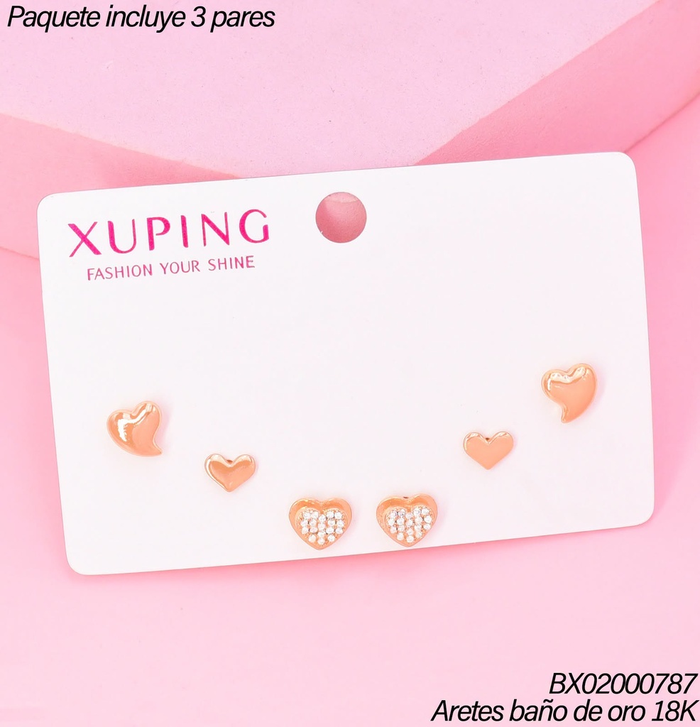 PAQ.3 PARES ARETES BAÑO DE ORO 18K.XUPING 3 CORAZONES LISOS/ZIRC.(XAGOST)