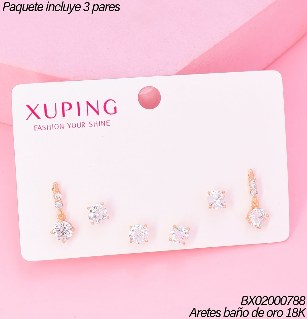 PAQ.3 PARES ARETES BAÑO DE ORO 18K.XUPING ZIRC.RD/COLGANTE (XAGOST)