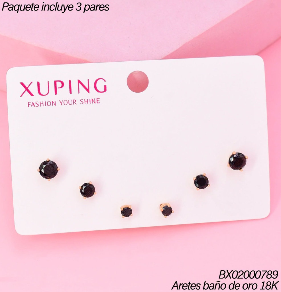 PAQ.3 PARES ARETES BAÑO DE ORO 18K.XUPING 3 ZIRC.NEGRAS DIF.TAMAÑOS (XAGOST)