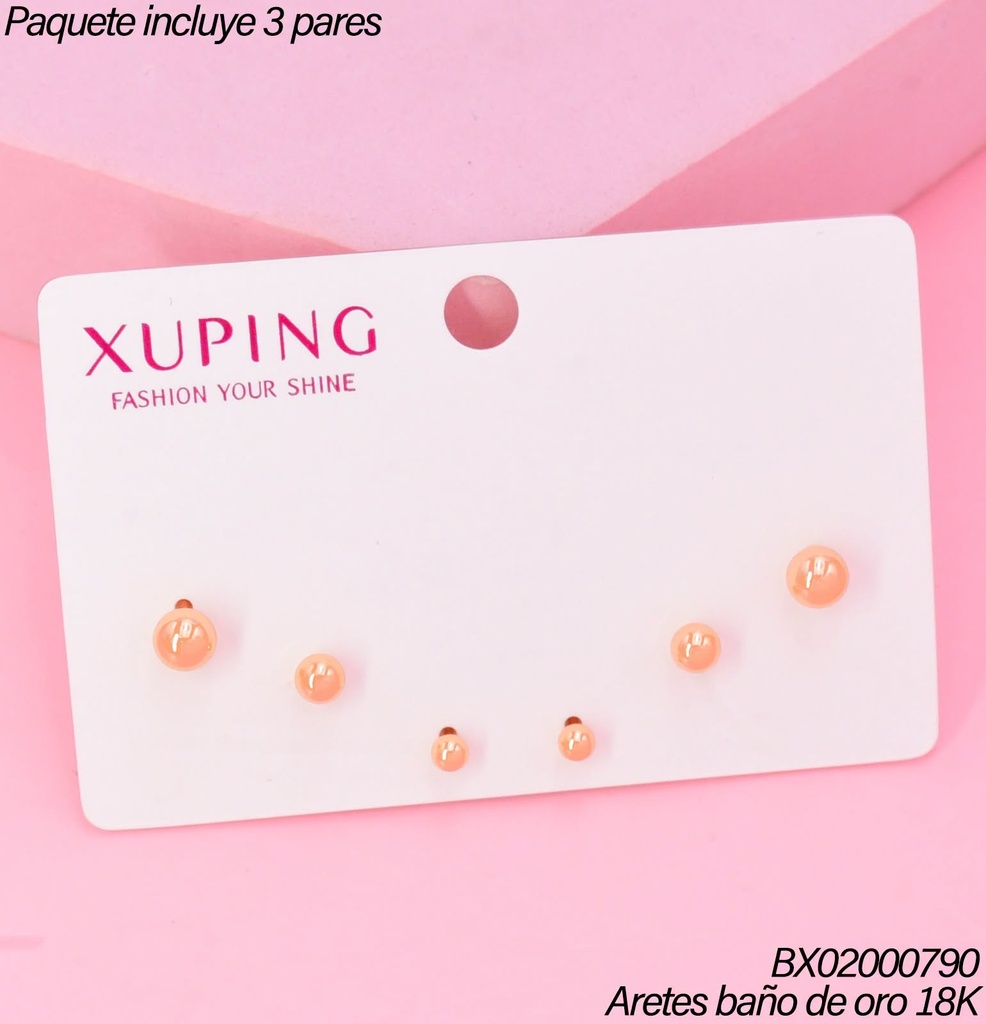 PAQ.3 PARES ARETES BAÑO DE ORO 18K.XUPING 3 PELOTITAS DIF.TAMAÑOS (XAGOST)