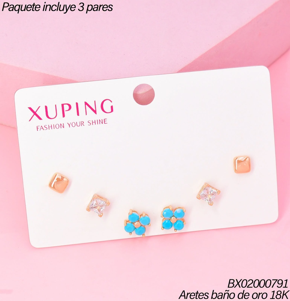 PAQ.3 PARES ARETES BAÑO DE ORO 18K.XUPING CD LISO/ZIRC./FLOR CELESTE (XAGOST)