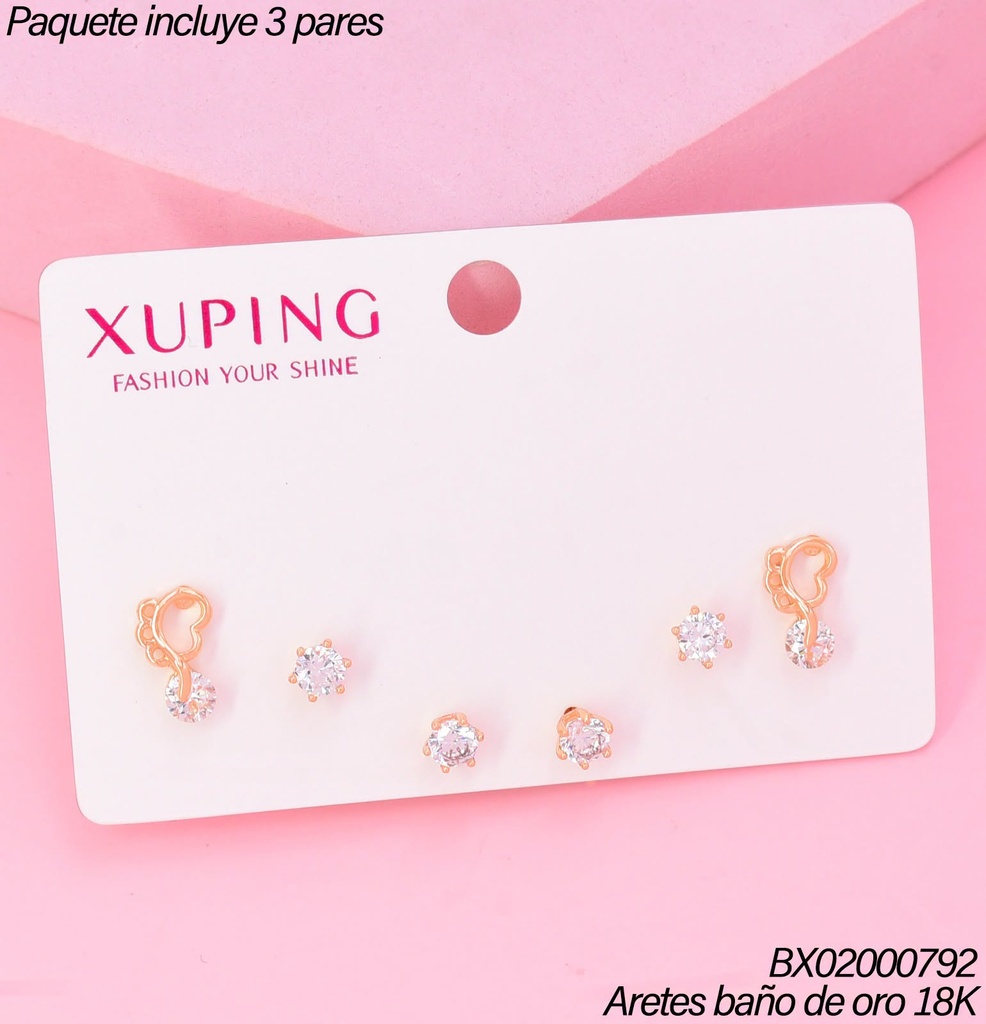 PAQ.3 PARES ARETES BAÑO DE ORO 18K.XUPING 3 ZIRC.RD C/CORAZON (XAGOST)