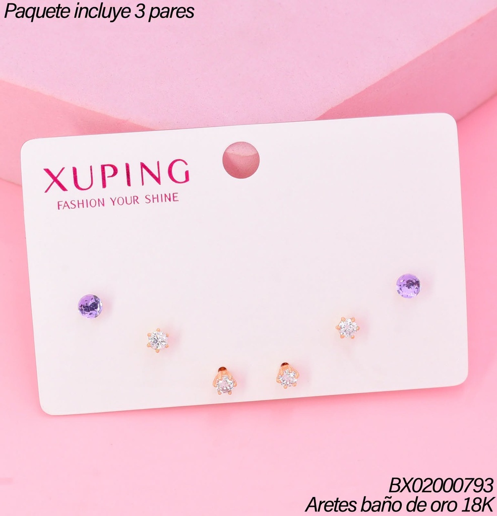 PAQ.3 PARES ARETES BAÑO DE ORO 18K.XUPING 2 ZIRC.RD/MORADA (XAGOST)