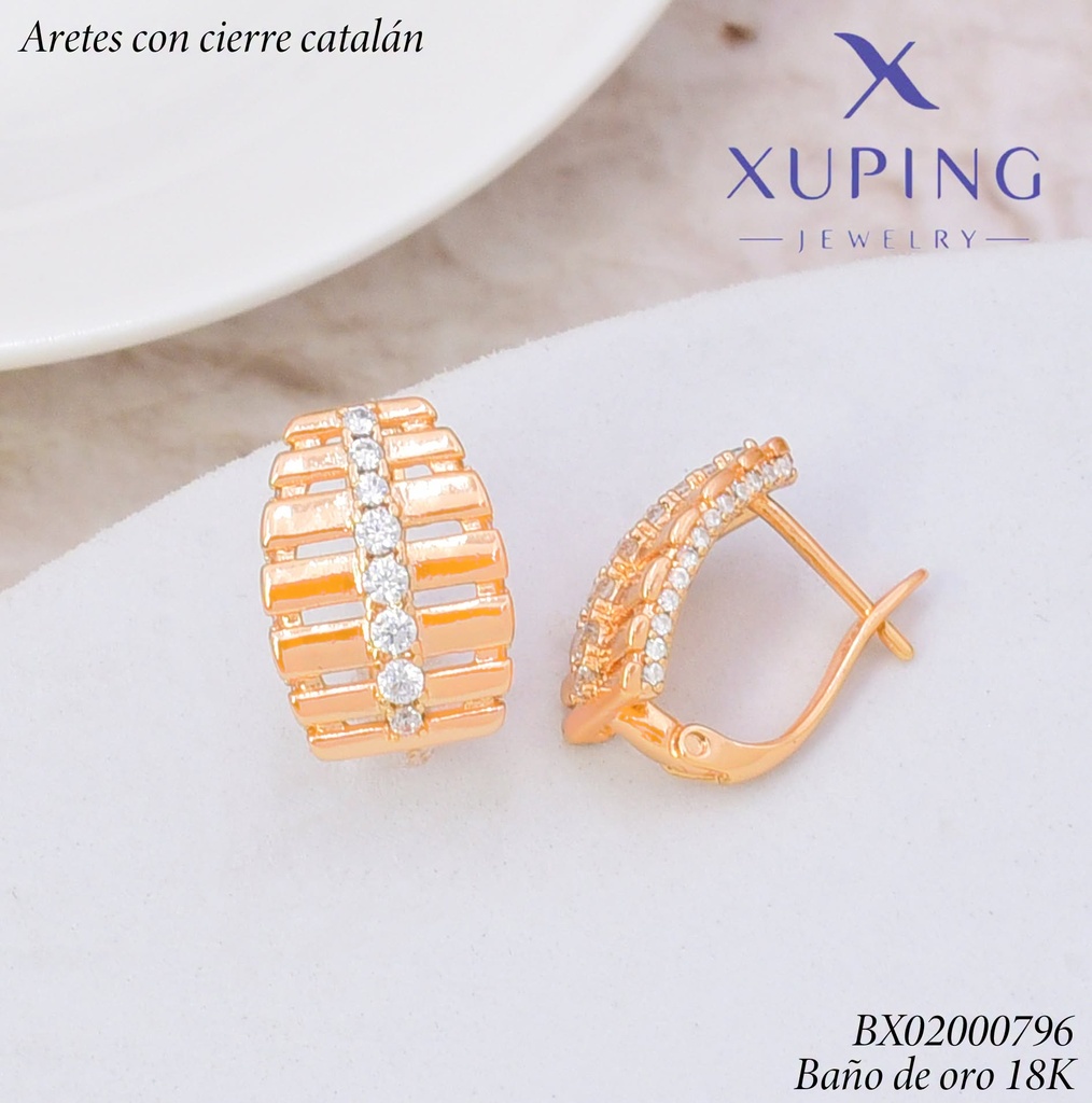 ARETES BAÑO DE ORO 18K.C/CIERRE DE CATALÁN XUPING LINEAS HORIZ C/ZIRC.(XAG)