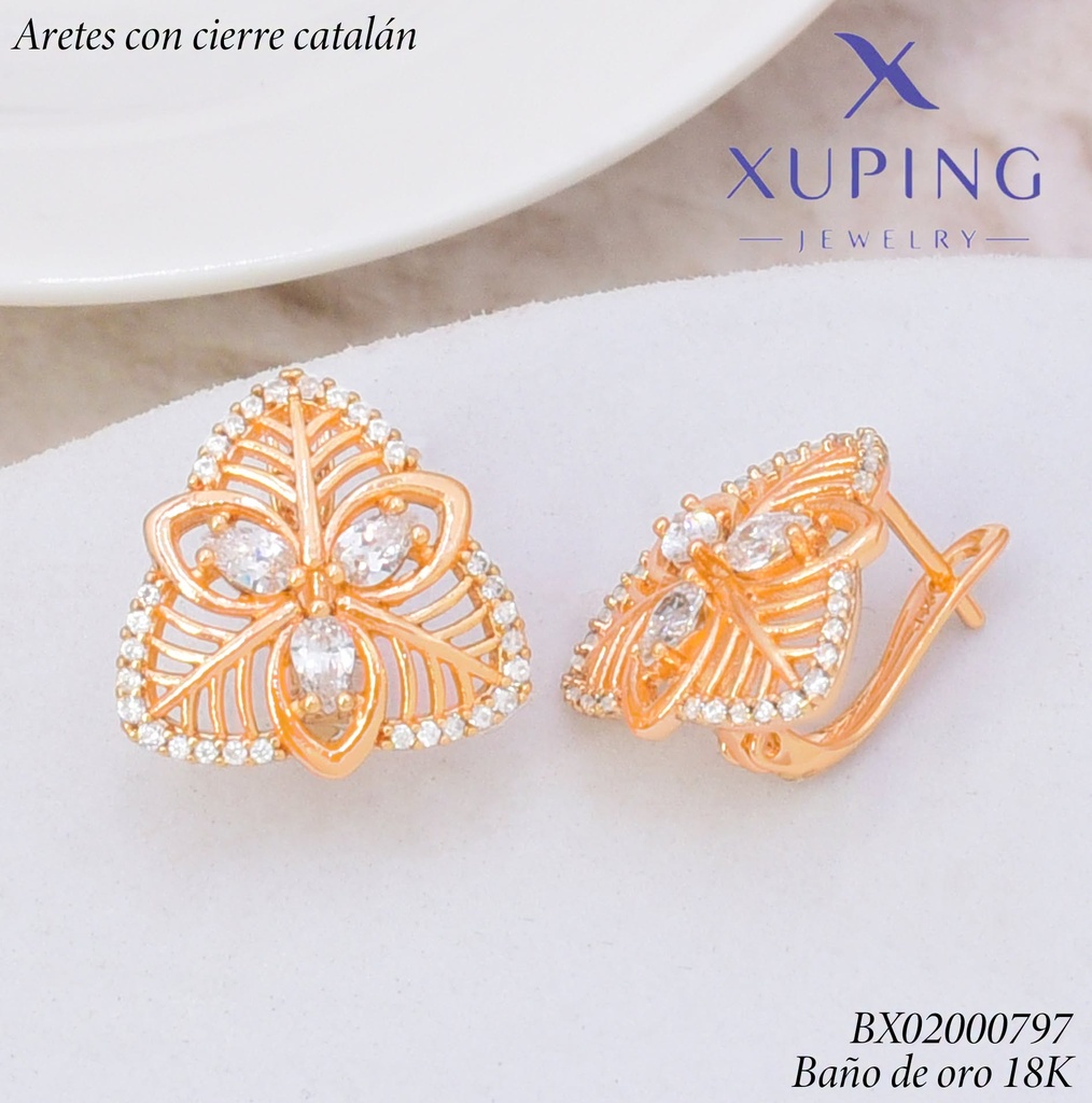 ARETES BAÑO DE ORO 18K.C/CIERRE DE CATALÁN XUPING TRIANG. CALADO ZIRC.(XAG)