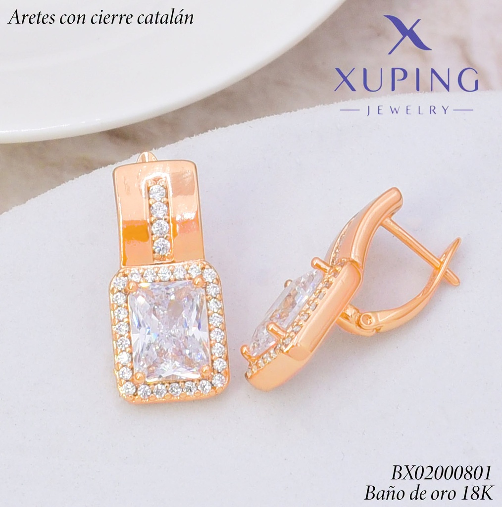 ARETES BAÑO DE ORO 18K.C/CIERRE DE CATALÁN XUPING RECT.VERT.ZIRC.RECT.(XAG)