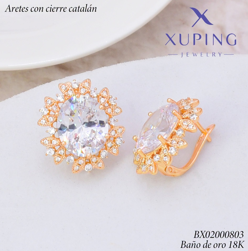 ARETES BAÑO DE ORO 18K.C/CIERRE DE CATALÁN XUPING ZIRC.OV.C/HOJAS (XAG)