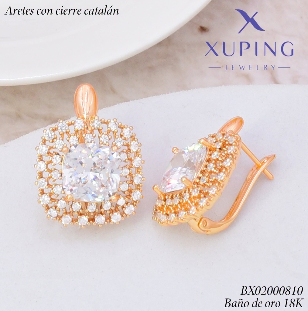 ARETES BAÑO DE ORO 18K.C/CIERRE DE CATALÁN XUPING CUADRO ZIRC(XAG)