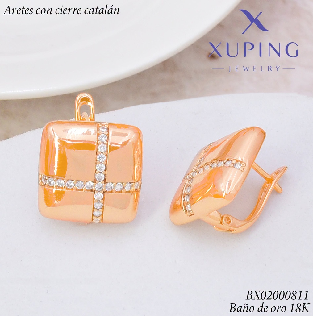ARETES BAÑO DE ORO 18K.C/CIERRE DE CATALÁN XUPING CUADRO CRUZ ZIRC.(XAG)