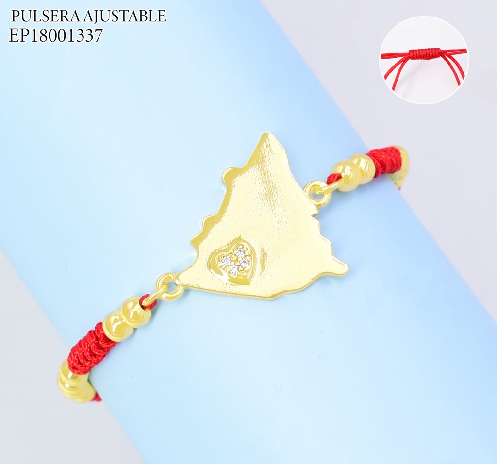 PULSERA AJUSTABLE ROJA C/ PELOTITAS DIJE MAPA DE NICARAGUA CORAZON ZIRC. G5809-841 (PAG26)