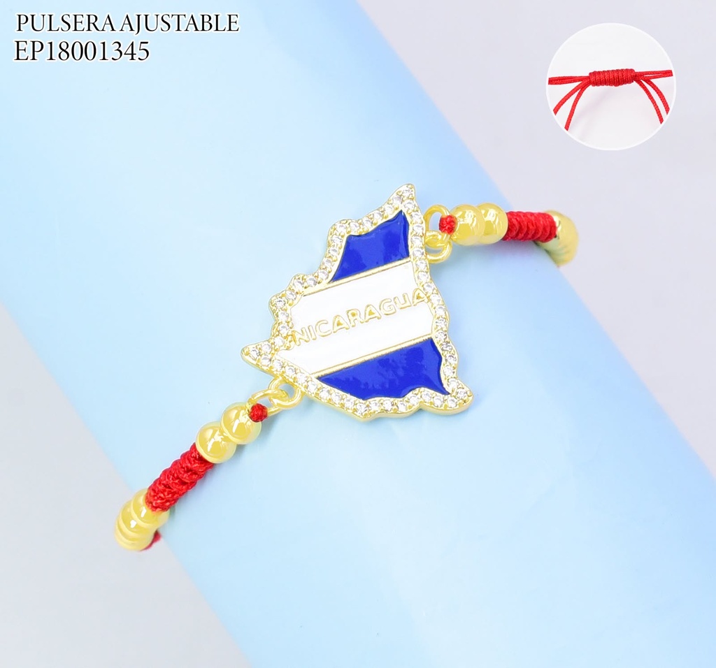 PULSERA AJUSTABLE ROJA C/PELOTITA DIJE MAPA DE NICARAGUA ZIRC. G5808-841 (PAG26)