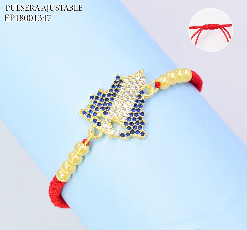 PULSERA AJUSTABLE ROJA C/ PELOTITAS DIJE MAPA NICARAGUA ZIRC AZUL/CRISTAL Z1618-841 (PAG26)