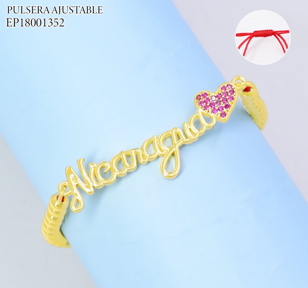 PULSERA AJUSTABLE ROJA C/PELOTITAS DIJE "NICARAGUA" CORAZON FUCSIA (PAG26)