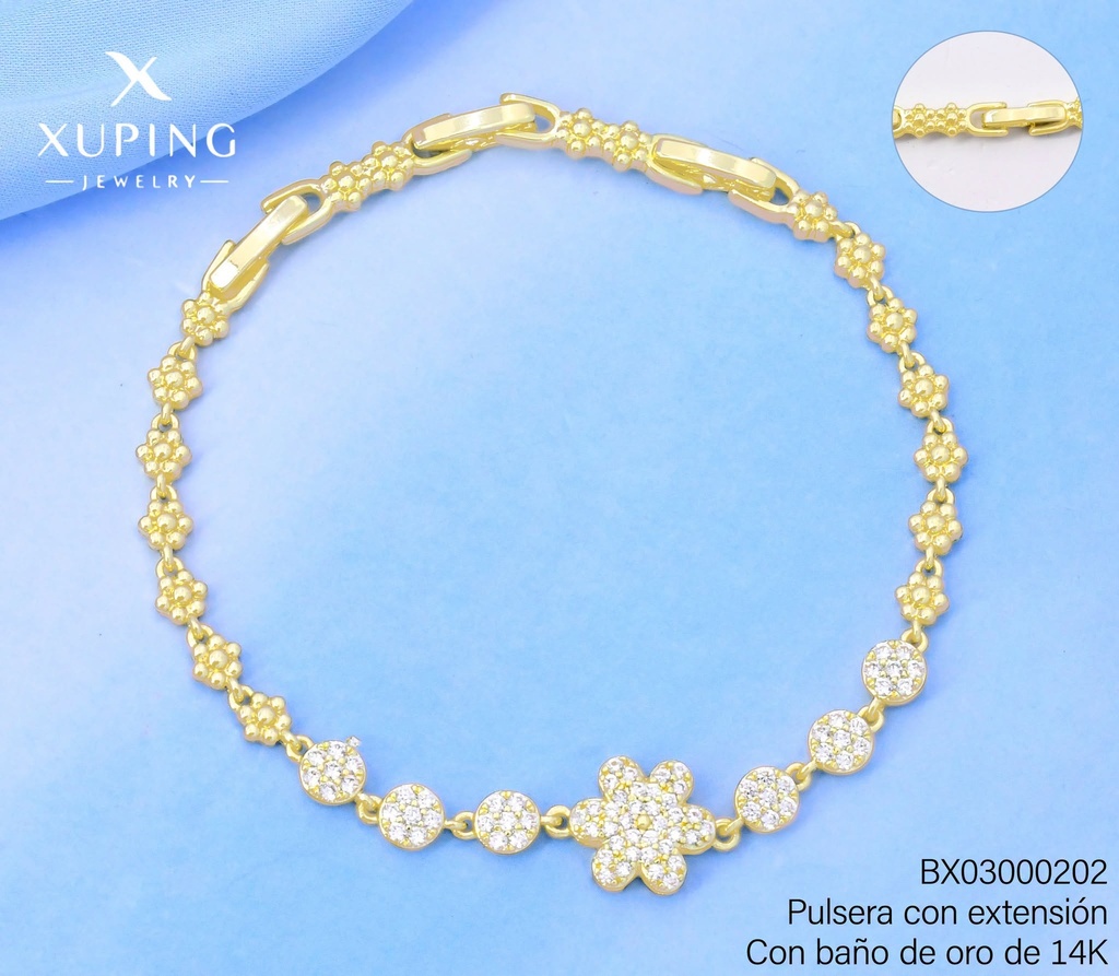 PULSERA BAÑO DE ORO 14K.XUPING ESLAB. FLOR/RD.ZIRC.UBYX-6355 (XAG)