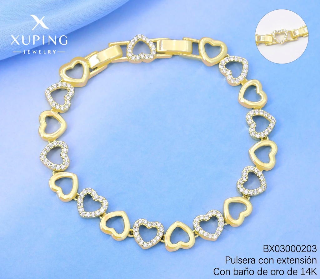 PULSERA BAÑO DE ORO 14K.XUPING CROQUIS CORAZONES UBYX-5972 (XAG)