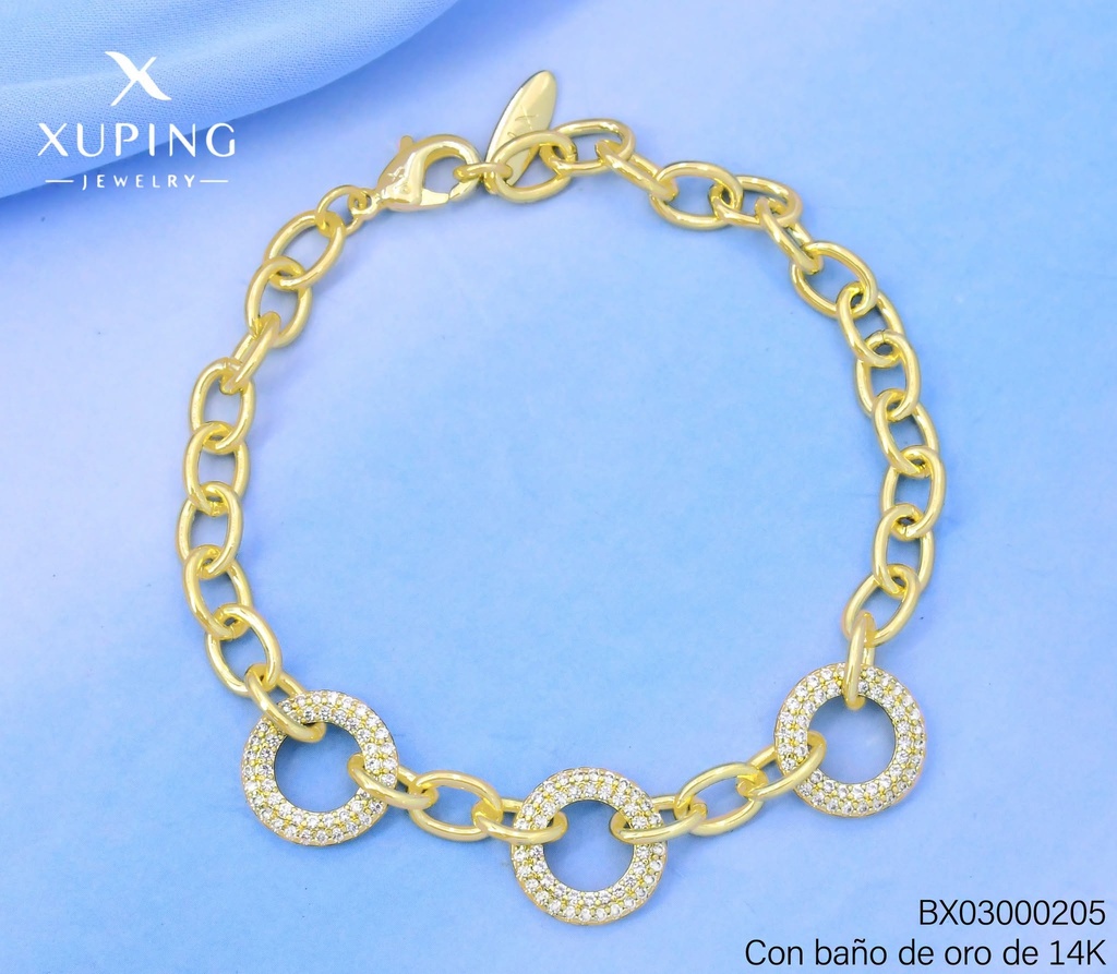 PULSERA BAÑO DE ORO 14K.XUPING 3 CIRCULOS ZIRC. UBYX-0655 (XAG)