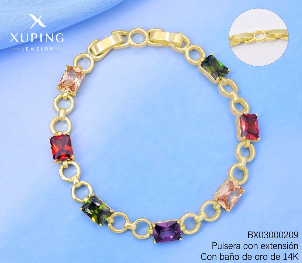 PULSERA BAÑO DE ORO 14K.XUPING ESLAB.8/ZIRC.RECT.COL.UBCF-0608 (XAG)