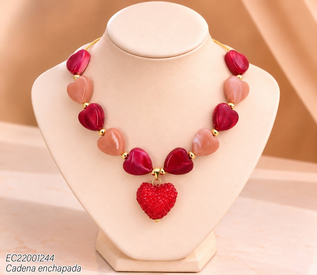 CADENA ACRILICO PIEDRA CORAZON ROJO/ ROSA PALO C/PELOTITAS -21 (INV526)