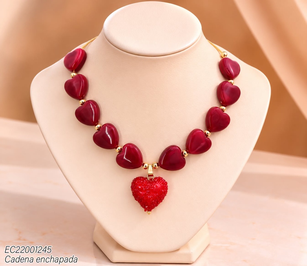 CADENA ACRILICO PIEDRA CORAZON ROJO C/PELOTITAS CE833-21 (INV526)