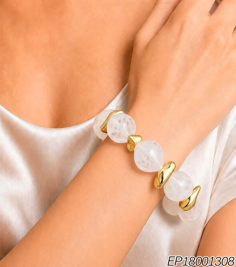 PULSERA ACRILICO PIEDRAS TRASNPARENTE C/BLANCO GOTA/GOTA IRREG DOR.BE1256-21 (INV526)