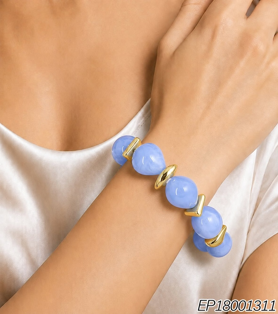 PULSERA ACRILICO PIEDRAS CELESTE GOTA/GOTA IRREG DOR.BE1259-21 (INV526)