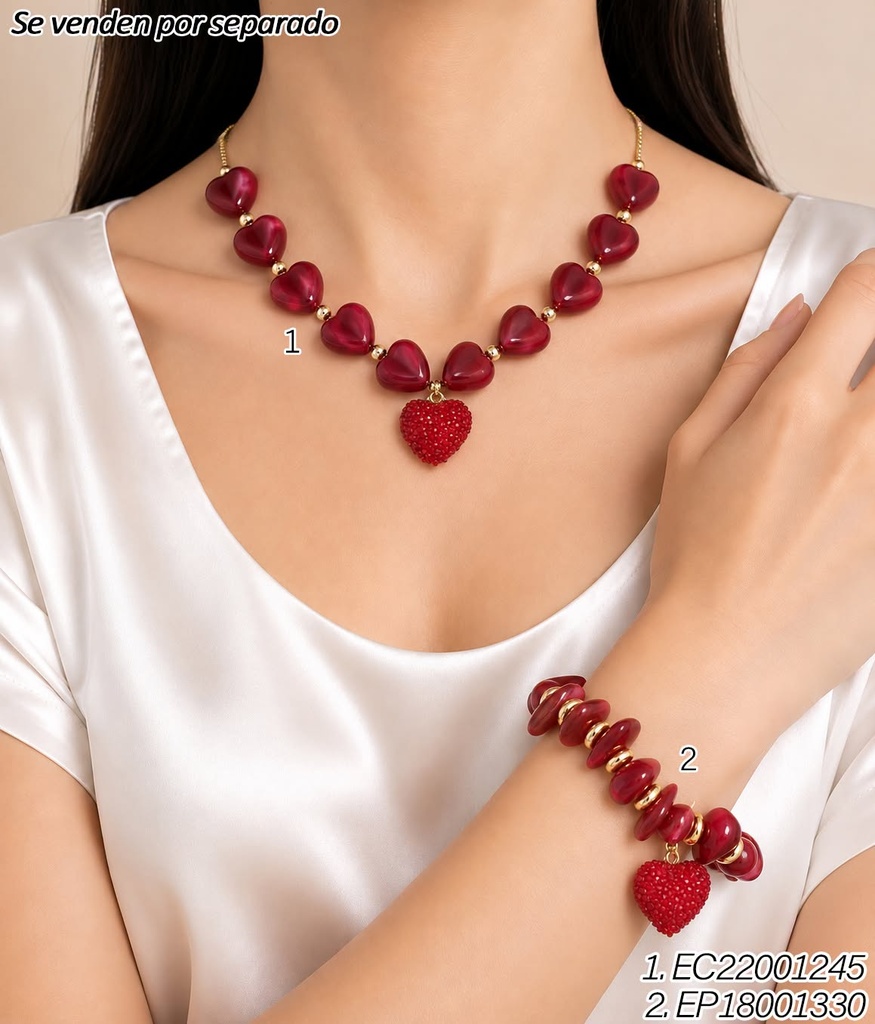 PULSERA ACRILICO PIEDRA IRREG. ROJA CORAZON/RUEDITAS BE1278-21 (INV526)