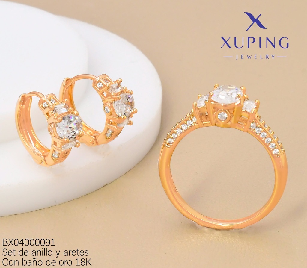 SET BAÑO DE ORO 18K ARETES/ANILLO SOLITARIO 3 ZIRC.OV.(XAG)