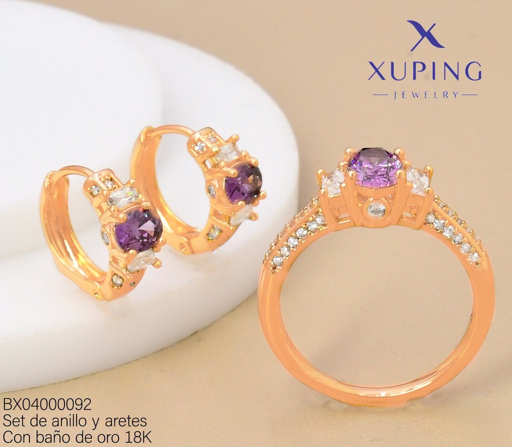 SET BAÑO DE ORO 18K ARETES/ANILLO SOLITARIO ZIRC.OV.LILA (XAG)