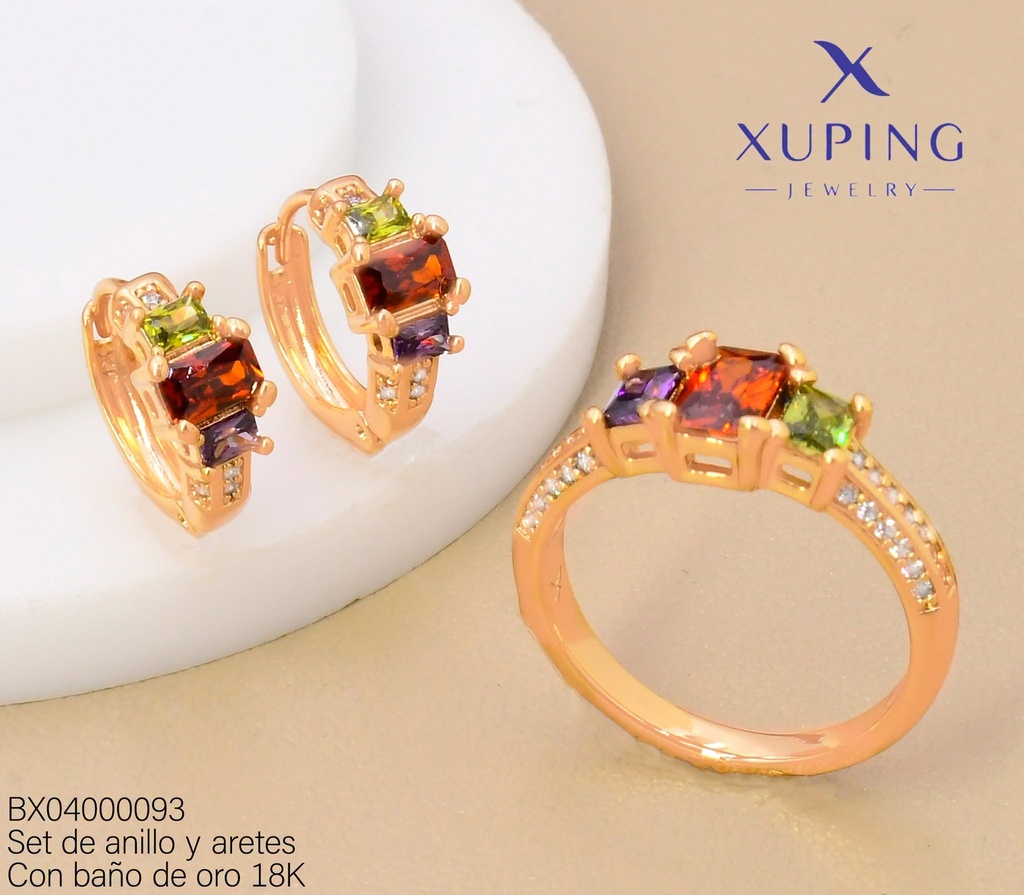 SET BAÑO DE ORO 18K ARETES/ANILLO SOLITARIO ZIRC.3 RECT.COL (XAG)