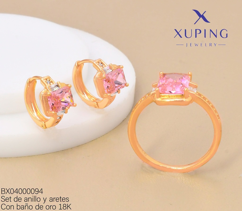 SET BAÑO DE ORO 18K ARETES/ANILLO SOLITARIO ZIRC.RECT.ROSADA (XAG)