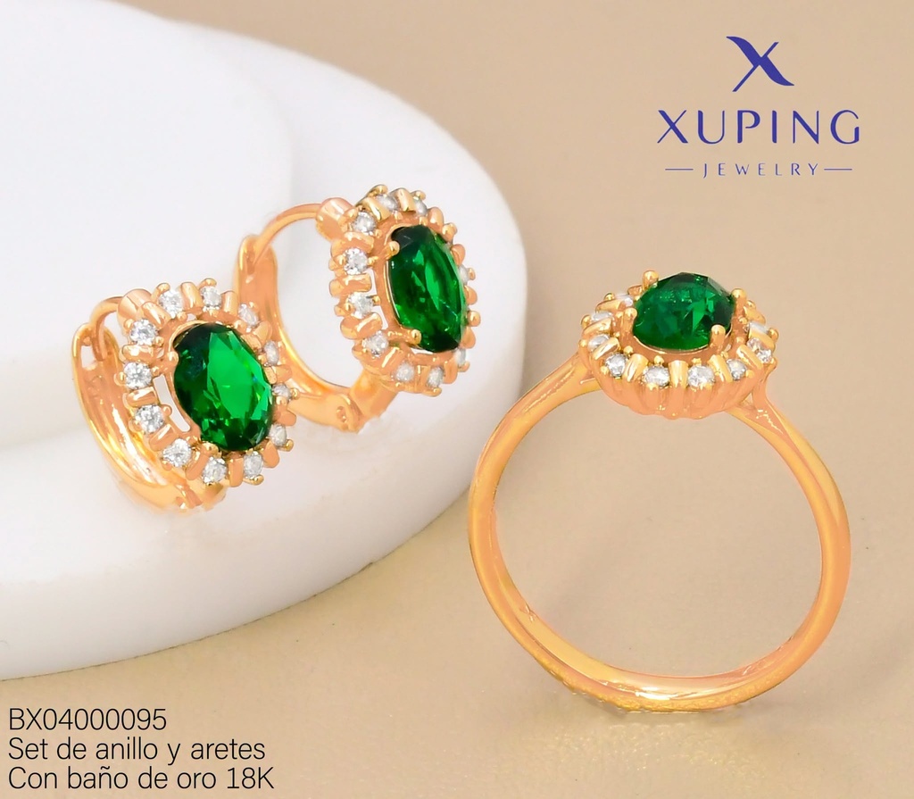 SET BAÑO DE ORO 18K ARETES/ANILLO SOLITARIO ZIRC.OV.VERDE (XAG)