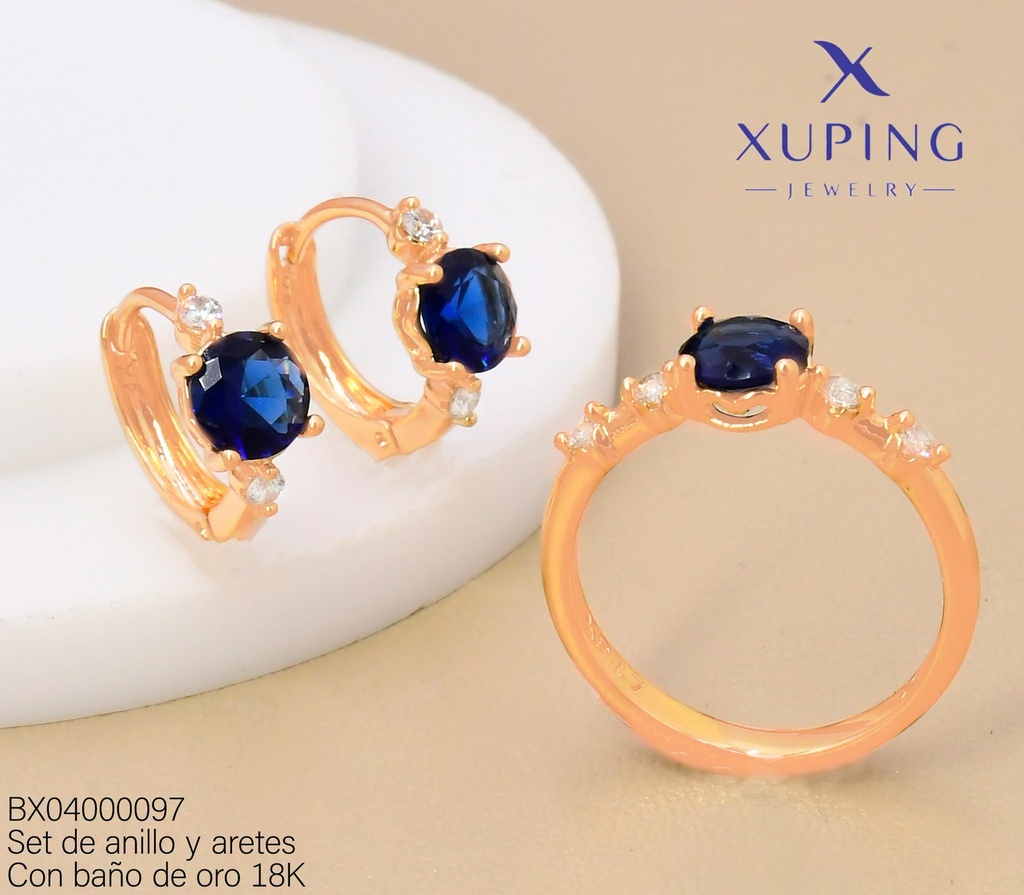 SET BAÑO DE ORO 18K ARETES/ANILLO SOLITARIO ZIRC.RD.AZUL (XAG)