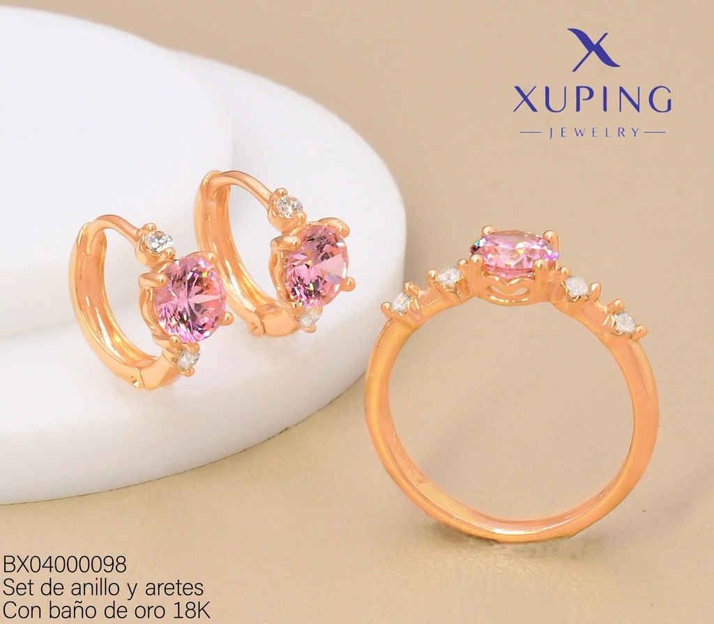 SET BAÑO DE ORO 18K ARETES/ANILLO SOLITARIO 5 ZIRC.RD.ROSADA (XAG)