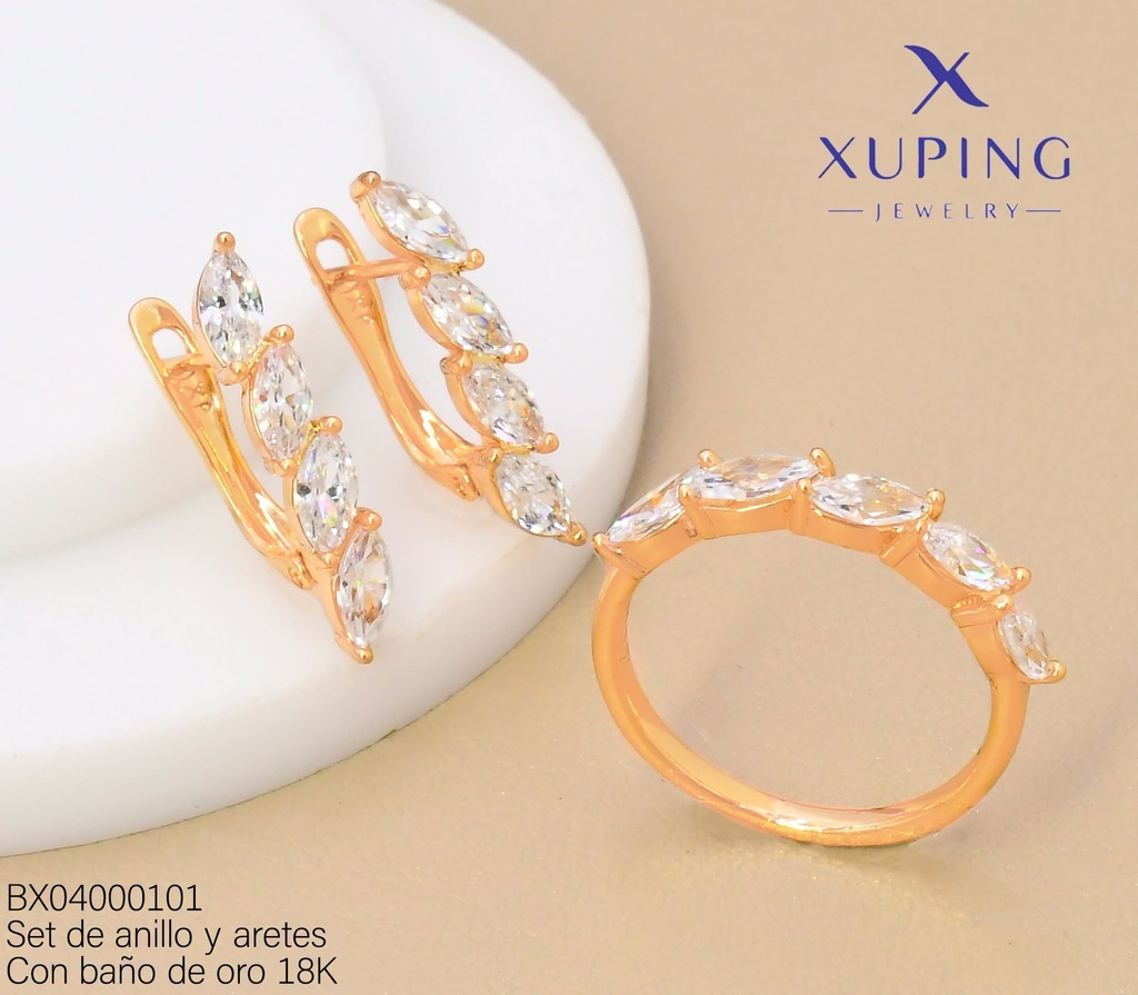 SET BAÑO DE ORO 18K ARETES/ANILLO 5 ZIRC.OV. (XAG)