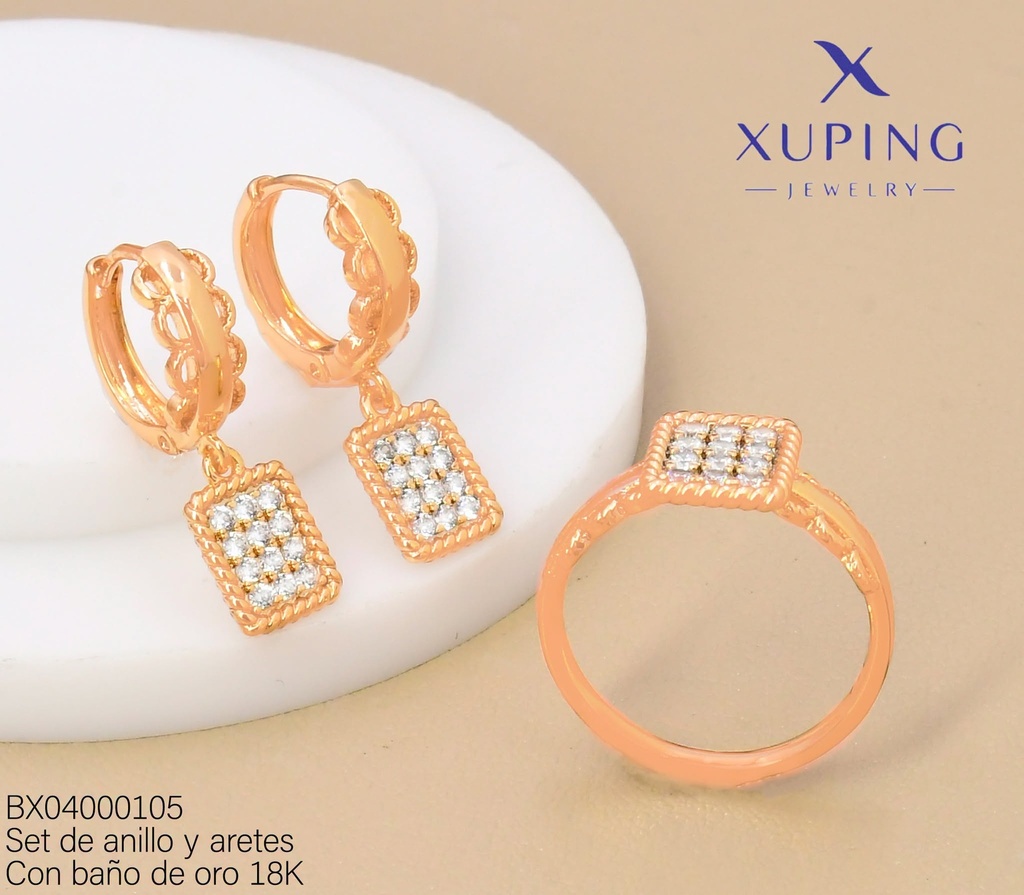SET BAÑO DE ORO 18K ARETES/ANILLO ZIRC.RECT.12 ZIRC. (XAG)