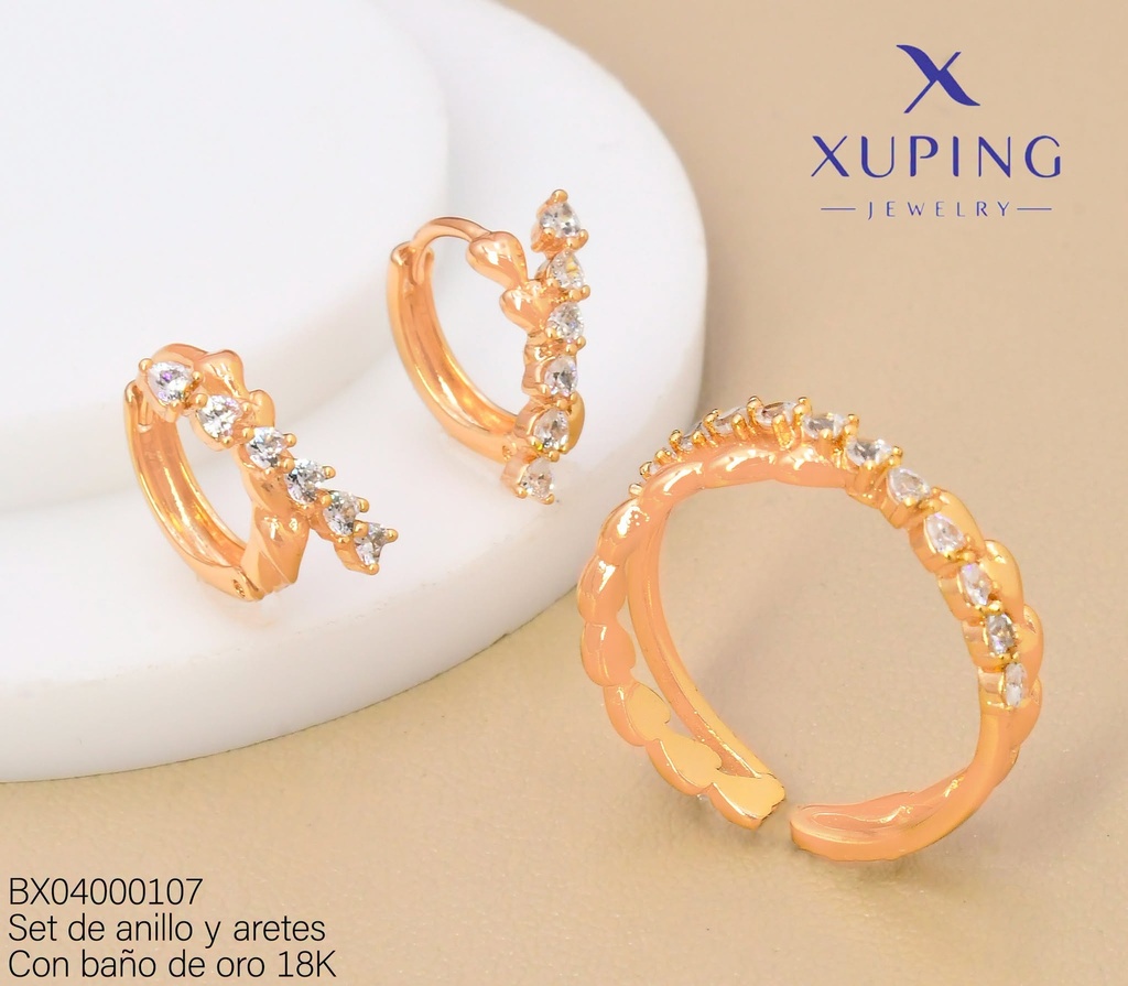 SET BAÑO DE ORO 18K ARETES/ANILLO "X"CORAZONES ZIRC/LISA (XAG)
