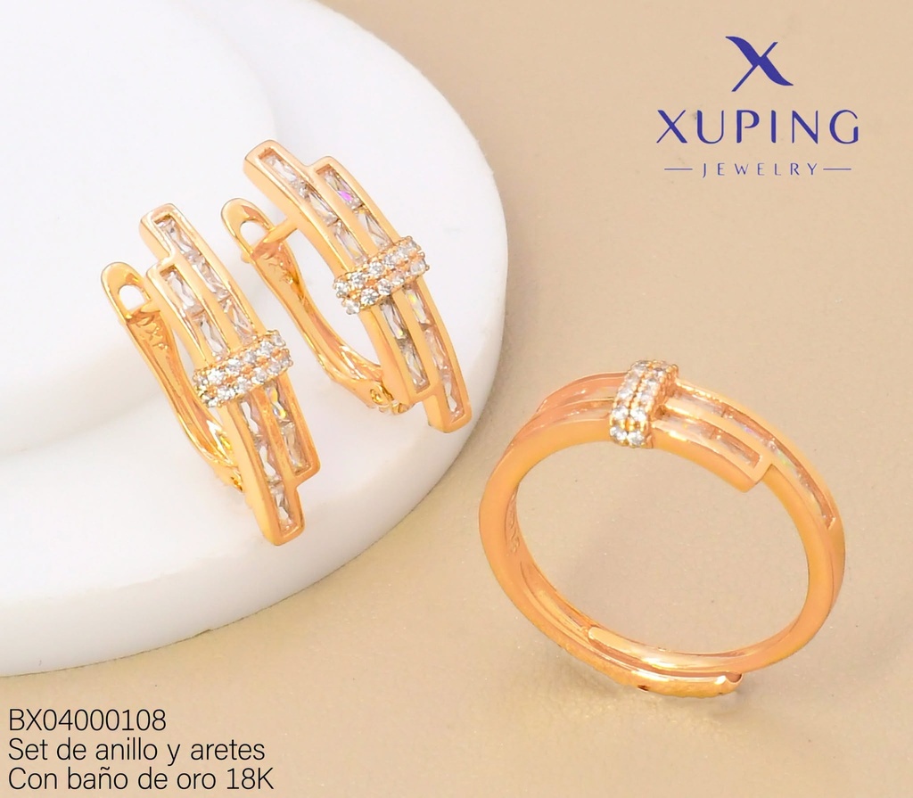 SET BAÑO DE ORO 18K ARETES/ANILLO DOBLE LINEA C/ZIRC.(XAG)