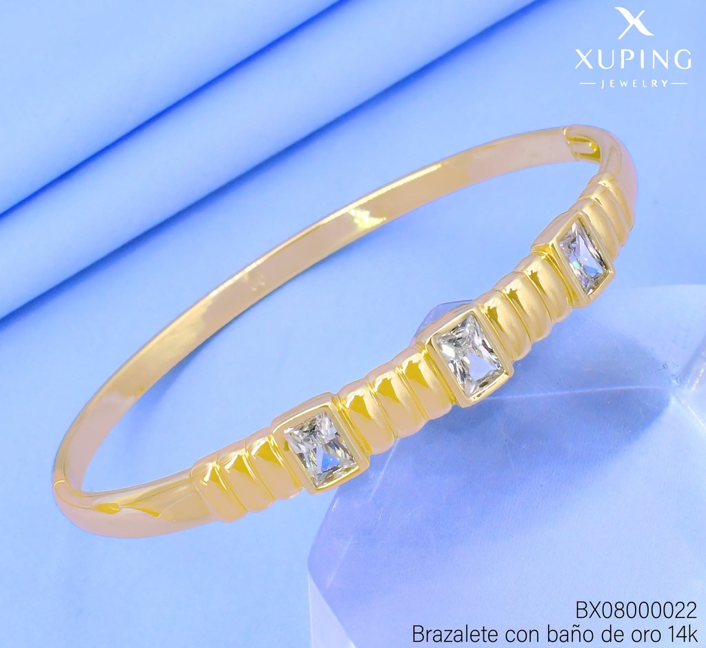 BRAZALETE BAÑO DE ORO 14K. XUPING RECT.VERT/3 ZIRC. UWCF-0242-60MM 27AGOS(XP)