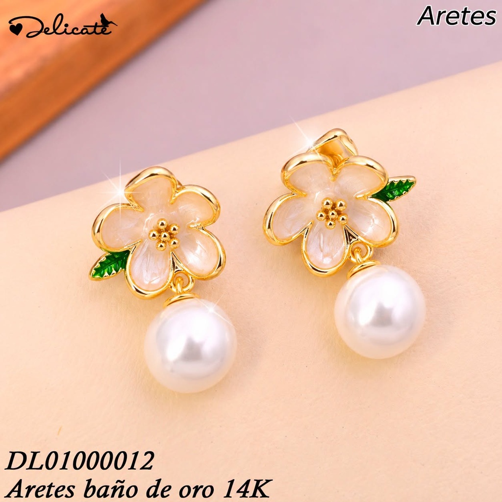 ARETES BAÑO DE ORO 14K.FLOR CELESTES 5 PET.C/PERLA MC59A 8MM (DEL1)