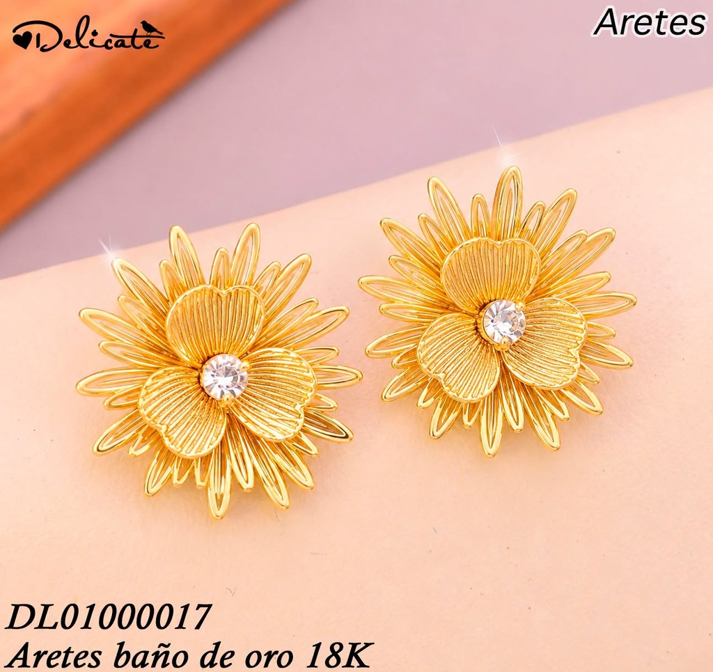 ARETES BAÑO DE ORO 18K.FLOR GR.ZIRC.CENTRO QM115A (DEL1)