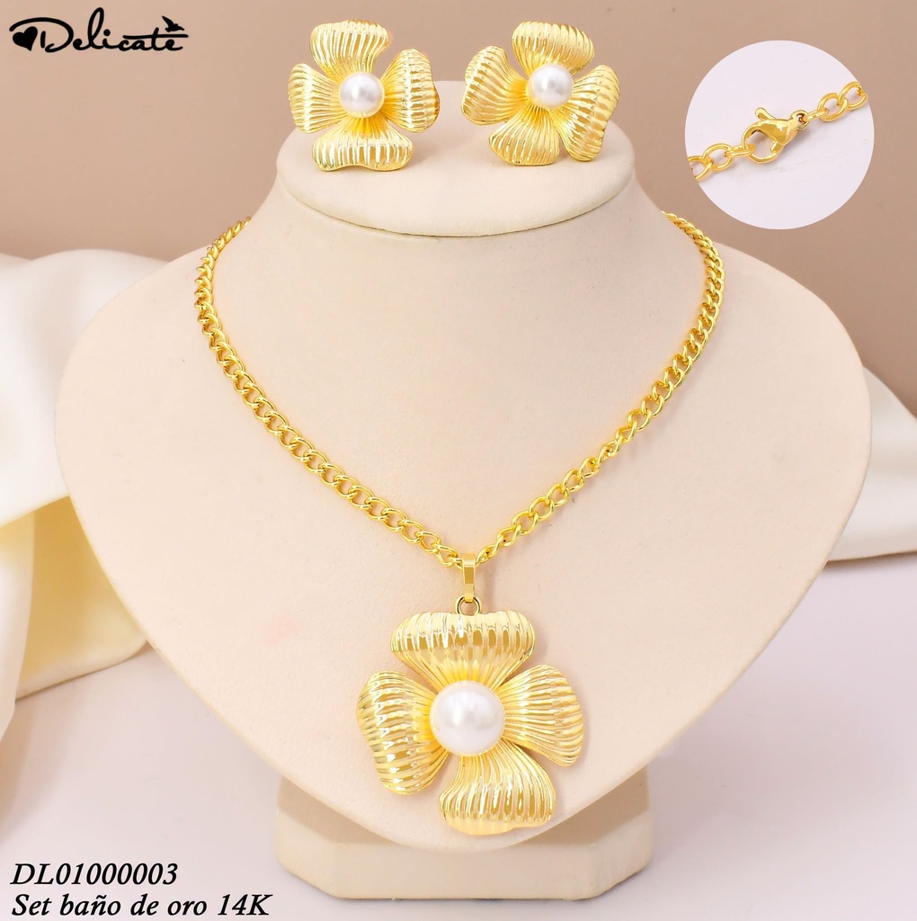 SET BAÑO DE ORO 14K. FLOR.GR. 4 PET. C/PERLA WD4953A (DEL1)