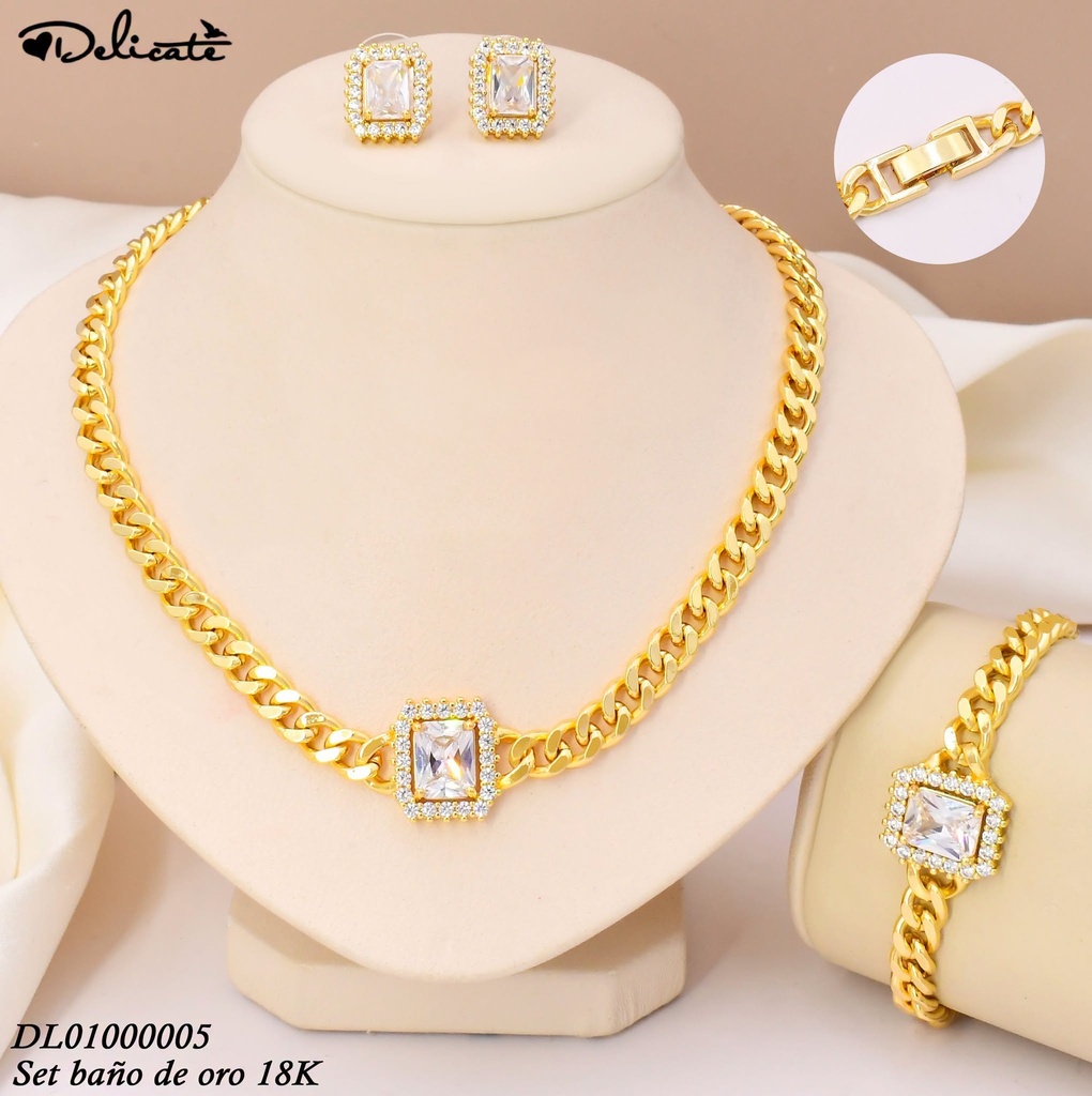 SET BAÑO DE ORO 18K. RECT.ZIRC CAD-PUL MARTILLADA WD3671A (DEL1)