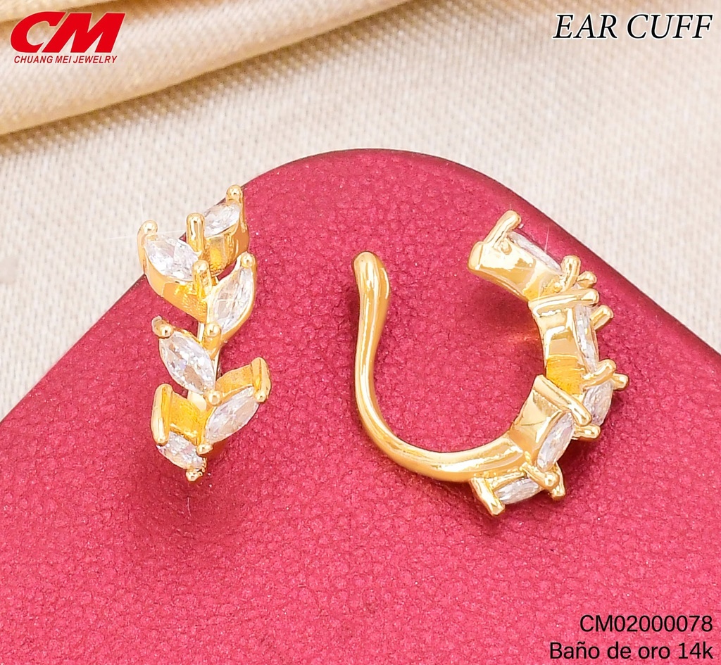 EAR CUFF BAÑO DE ORO 14K. HOJITAS ZIRC.RJ-0100004 (27A)