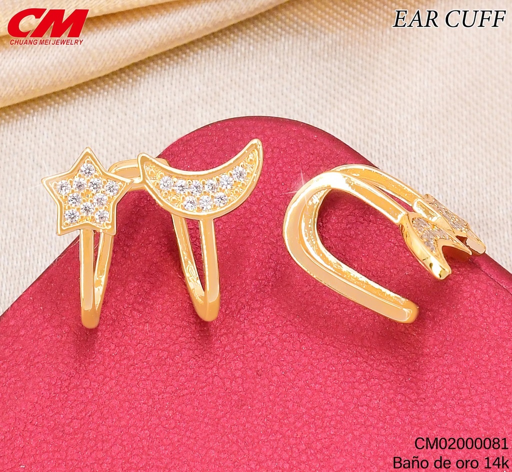 EAR CUFF BAÑO DE ORO 14K. LUNA-ESTRELLA ZIRC. RJ-01270008 (27A)