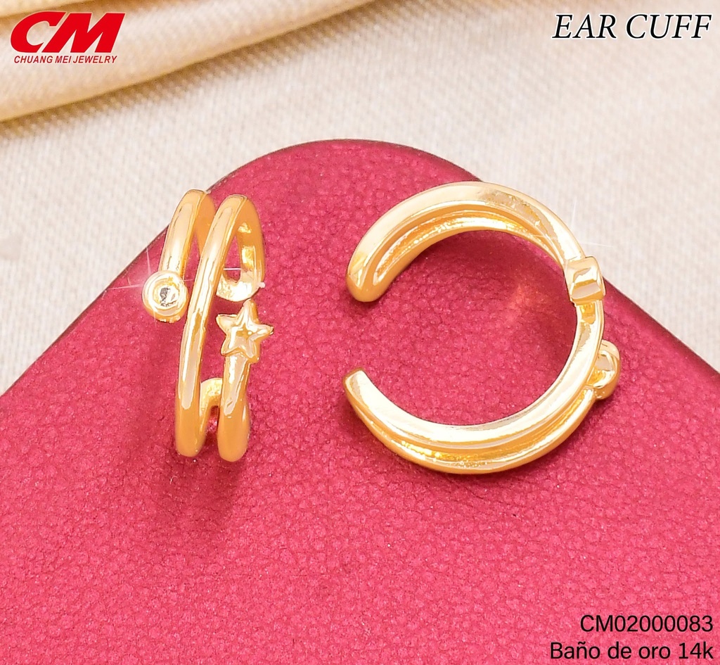 EAR CUFF BAÑO DE ORO 14K. DOBLE ESTRELLA-ZIRC.RD. RJ-02120003 (27A)