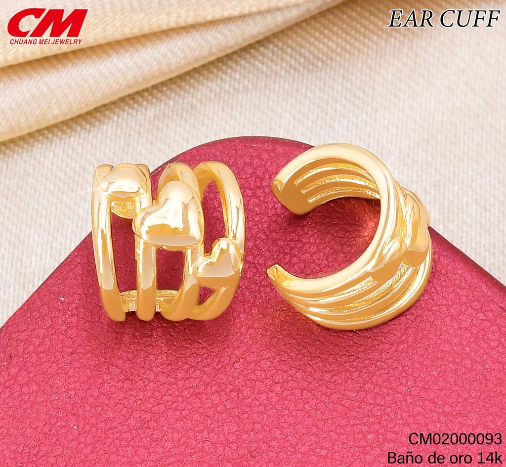EAR CUFF BAÑO DE ORO 14K.4 LINEAS LISAS C/CORAZONES RJ-04290001 (27A)
