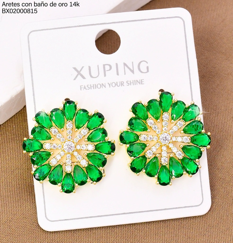 ARETES BAÑO DE ORO 14K.XUPING RUEDA C/ZIRC.VERDES (XAG)