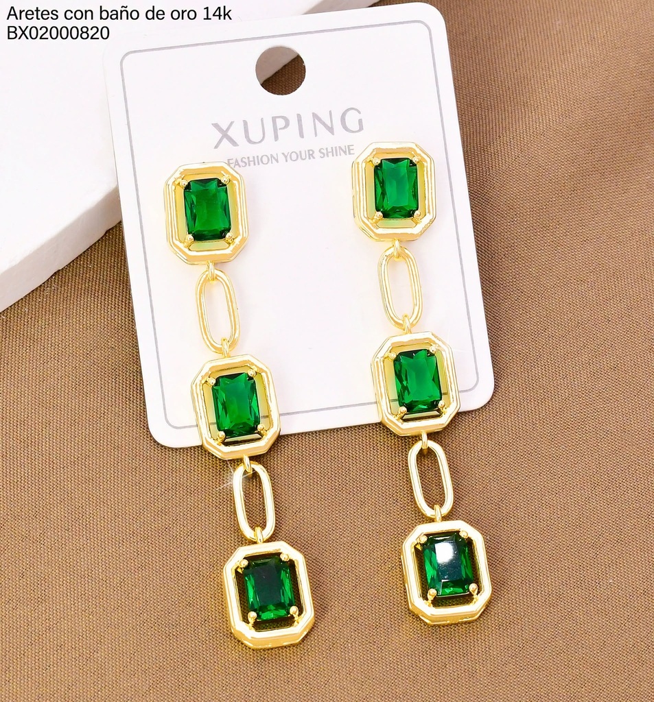 ARETES BAÑO DE ORO 14K. XUPING RECT. VERDE COLGANTE 27AGOS(XP)